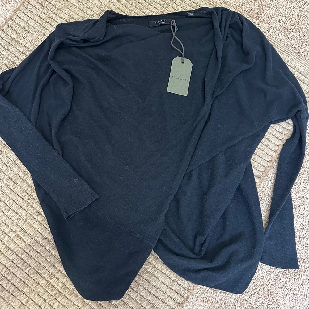 AllSaints asymmetric drape-front top in dark blue.